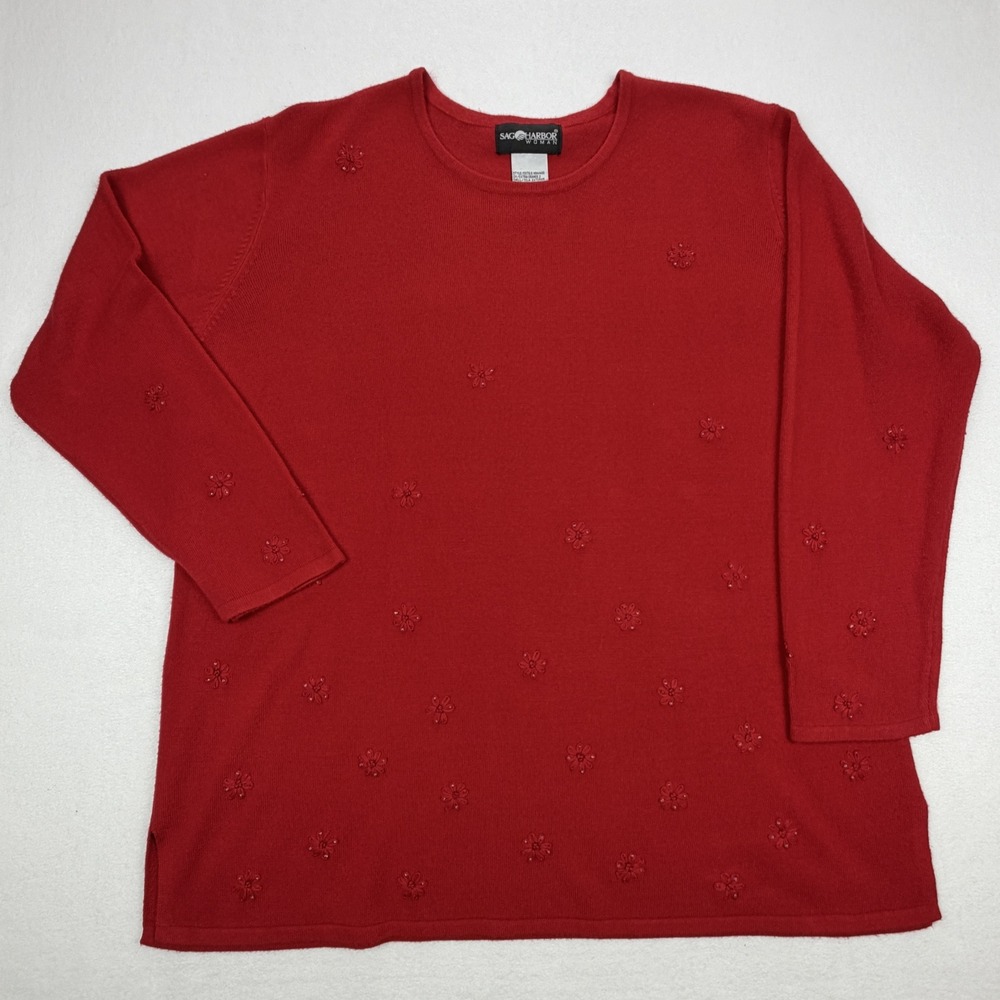 Sag Harbor Woman Red Embroidered Floral Beaded Knit Sweater 2X